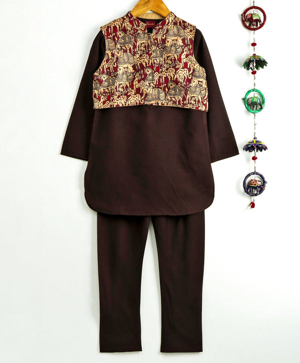Twisha Boys Solid  Kurta & Pyjama With Nehru Jacket- Black