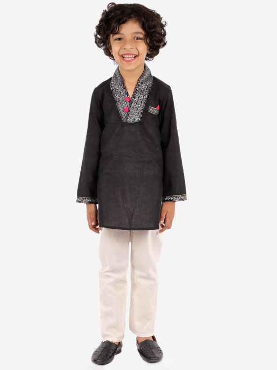 Twisha Boys High Neck Kurta with Payjama Set-Black And White