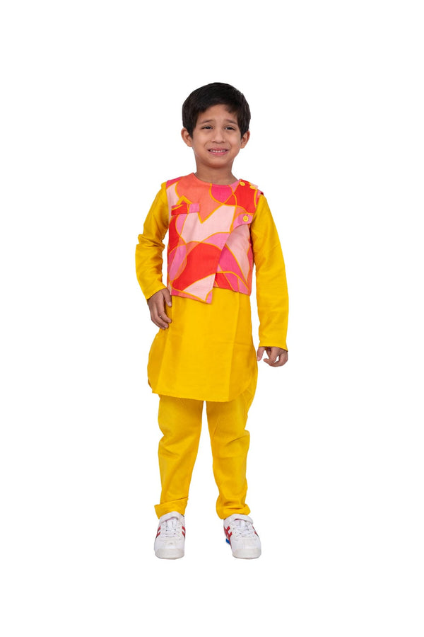 Twisha Boy's Full Sleeves Cotton Kurta Pyjama Geometric Print Jacket -Yellow & Coral