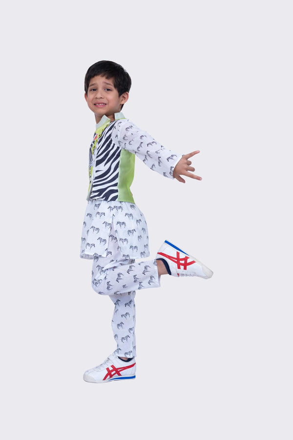 Twisha Boy's Full Sleeves Zebra Printed Kurta Churidar and Jacket -White & Lime Green