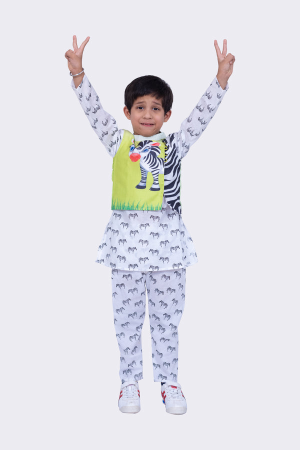 Twisha Boys Full Sleeves Zebra Printed Kurta Churidar and Jacket -White & Lime Green