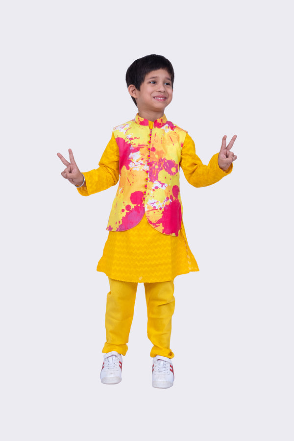 Twisha Boys Full Sleeves Cotton Jaquard Kurta and Pyjama & Jacket - Multicolour