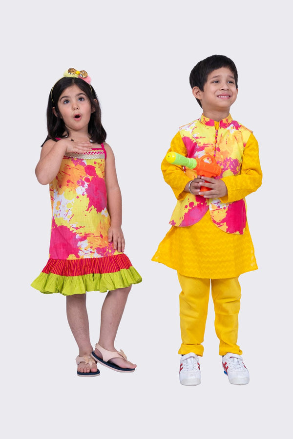Twisha Boy's Full Sleeves Cotton Jaquard Kurta and Pyjama & Jacket - Multicolour