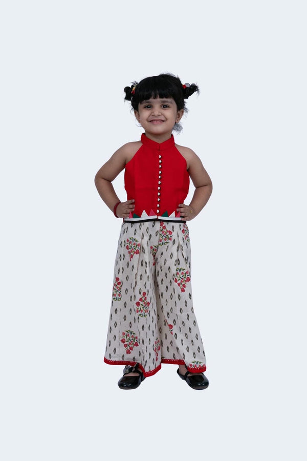 Twisha Girls Top & Palazzo Set - Red & Off-white
