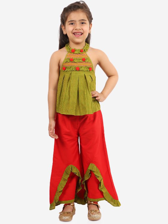 Twisha Girls Striped incut pleated Top with Layered Palazzo Set- Green & Red