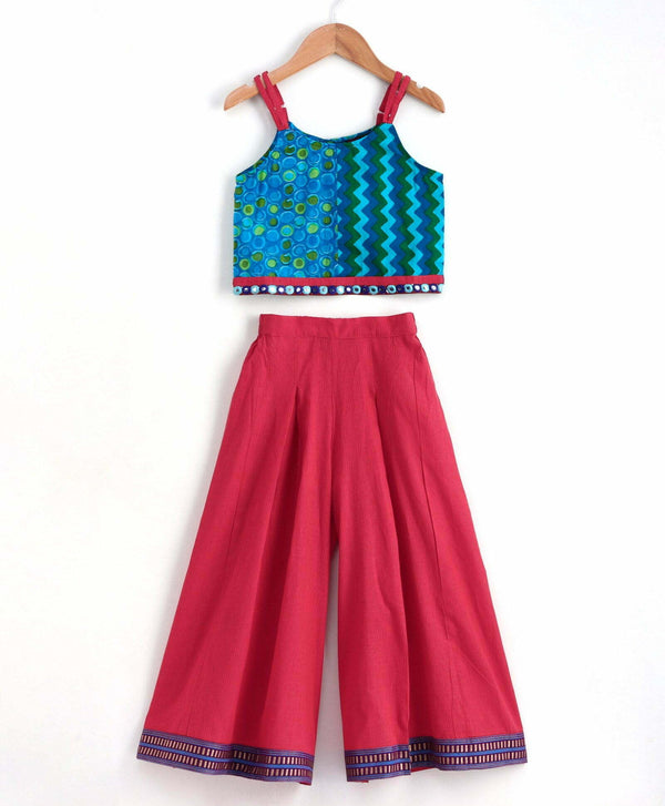 Girls Half And Half Top With Palazzo Set-Blue Pink