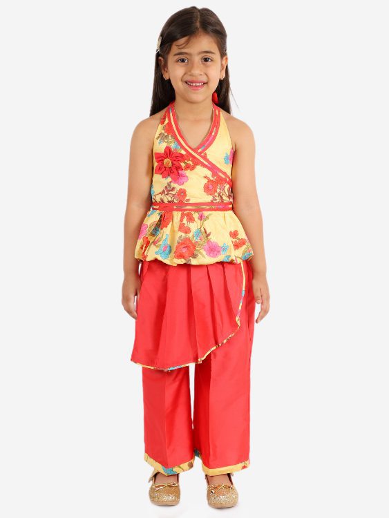 Twisha Girls Halter Neck  Top with Layered Palazzo set-Yellow and Coral