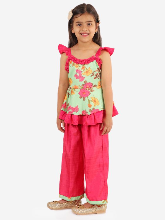Twisha Girls Foral printed Frill detailed Peplum and Dhoti Set -Green and Pink
