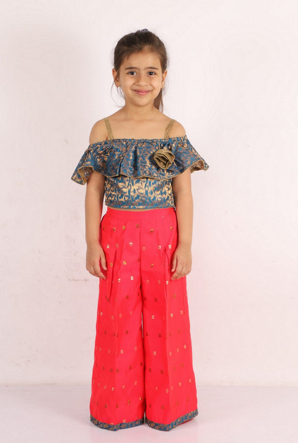 Twisha Girls Sleeveless Self Design Top With Palazzo Set - Blue & Red