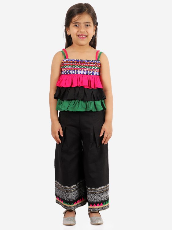 Twisha Girls mirrorwork Frilled Peplum and Palazzo Set -Black