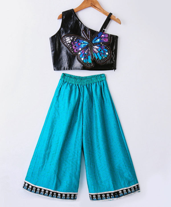 Twisha Girls Leather Top Embellished With Butterfly Patch And Studds With Chevron Designed Palazzo - Black & Blue