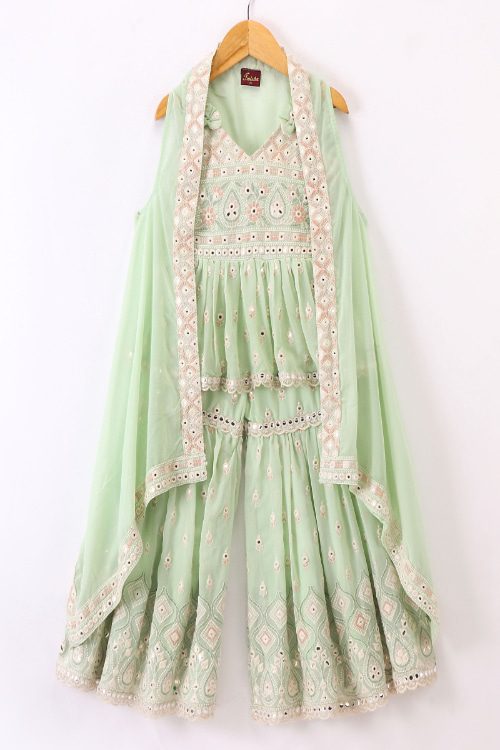 Twisha Girls Mirror Worked Top & Sharara With Long Shrug - Green