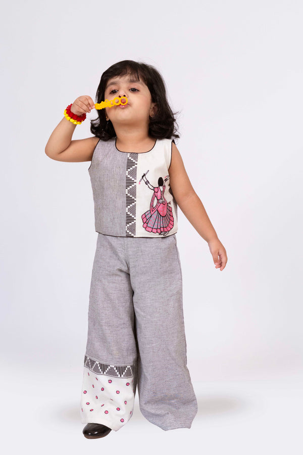 Twisha Girls Sleeveless Embroidered Top With Palazzo Set - Grey & White