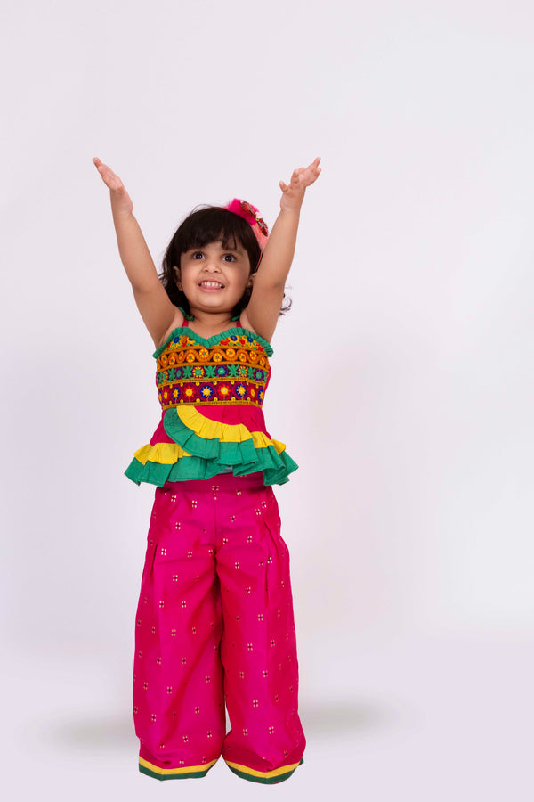 Twisha Girls Strappy Mirrrorwork Frilled Top With Palazzo Set - Pink & Yellow