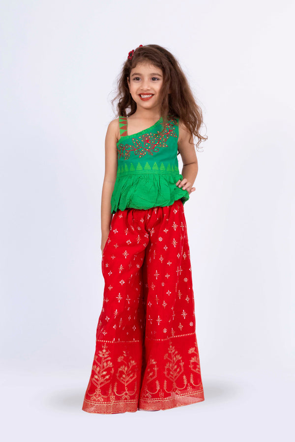 Twisha Girls One Side Shoulder Top with Palazzo-Green & Red