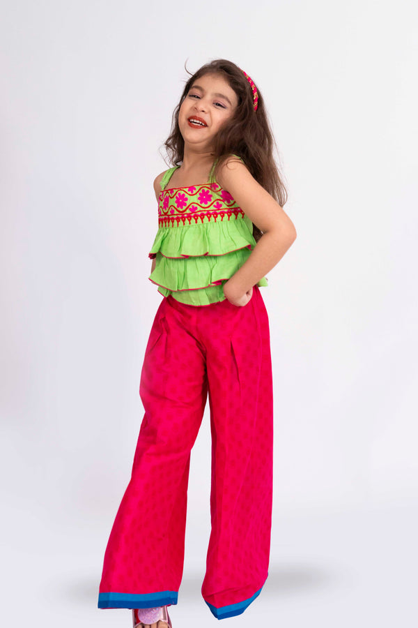 Twisha Girls Linen Shoulder strap Top with Palazzo-Lime Green & Pink