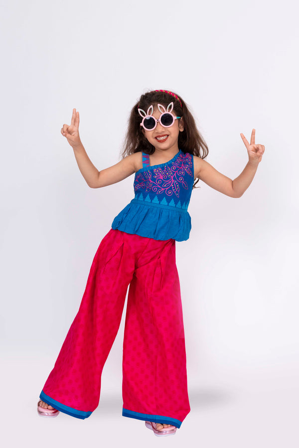 Twisha Girls Cotton Shoulder strap Top with Palazzo-Blue & Pink