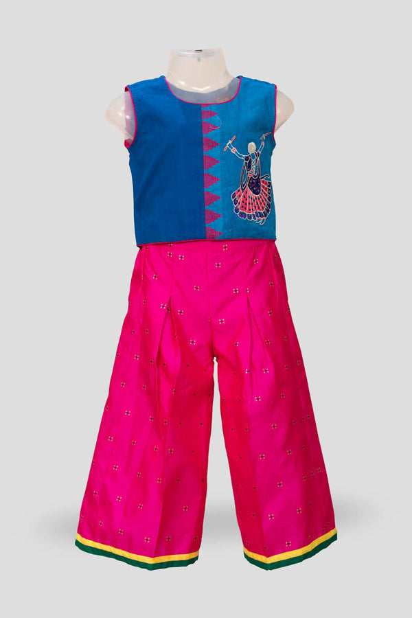 Twisha Girls Round Neck Sleeveless Top with Palazzo-Blue and Pink