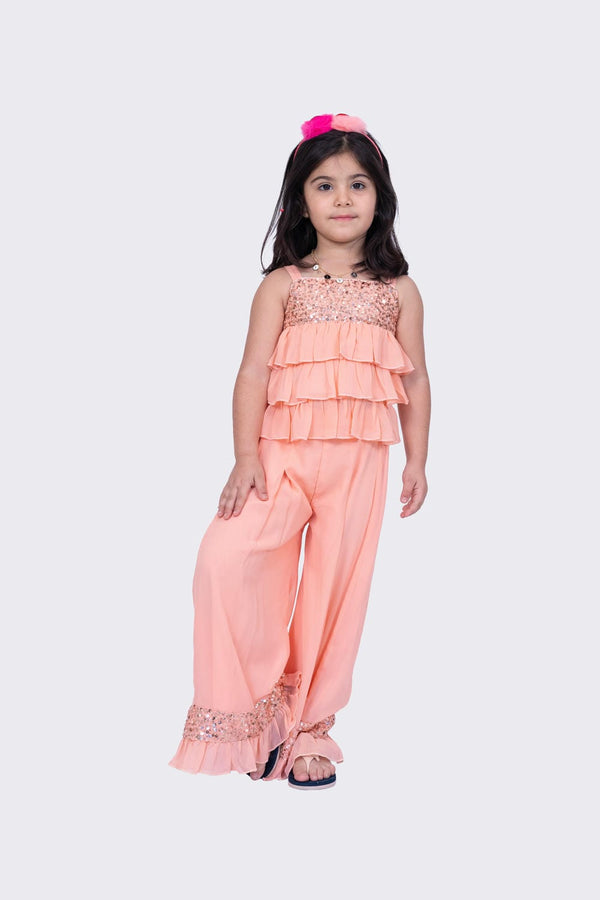 Twisha Girl's Sleeveless Strappy Georgette Sequenced Frilled Top & Palazzo - Peach