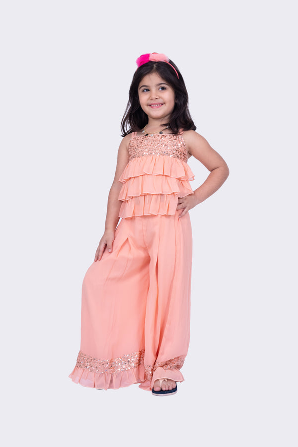 Twisha Girls Sleeveless Strappy Georgette Sequenced Frilled Top & Palazzo - Peach