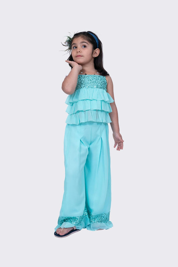 Twisha Girl's Sleeveless Strappy Georgette Sequenced Frilled Top And Palazzo - Sea Green