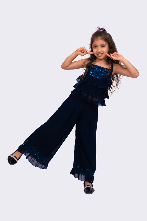 Twisha Girls Sleeveless  Sequenced Top With Palazzo-Navy Blue