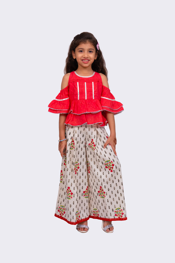 Twisha Girls Cold Sleeve Cotton Top With Printed Sharara - Coral & White