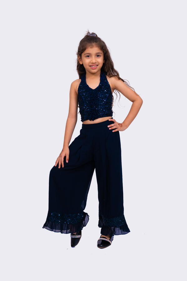 Twisha Girls Sleeveless  Halter Neck Embellished Top With Palazzo - Navy Blue