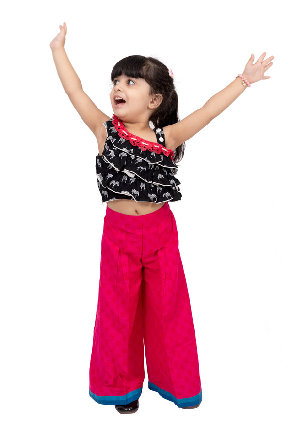 Twisha Girls Rayon Sleeveless Zebra Printed Top with Palazzo - Black & Coral