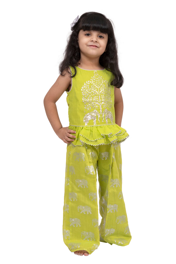 Twisha Girls Chanderi Sleeveless Elephant Printed Top with Palazzo - Limegreen