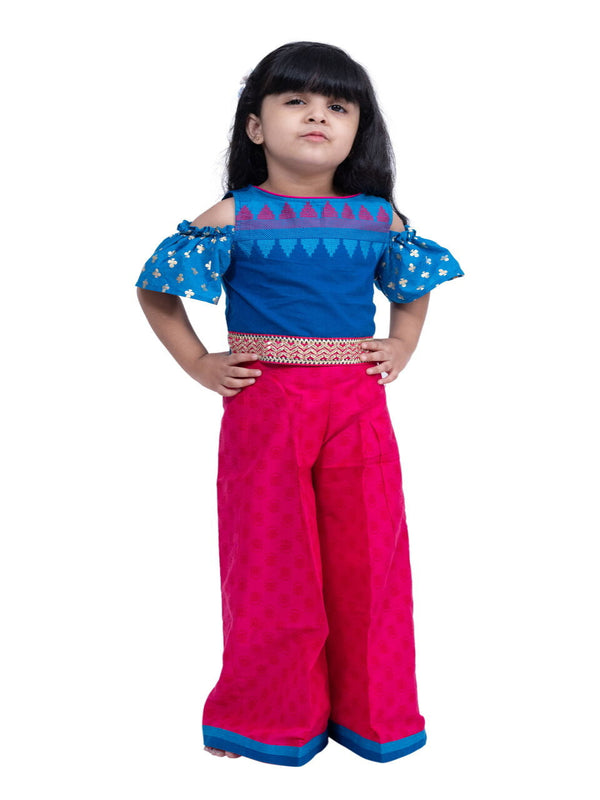 Twisha Girls Cotton Cold Shoulder Half n Half Bordered Top With Palazzo - Blue & Pink