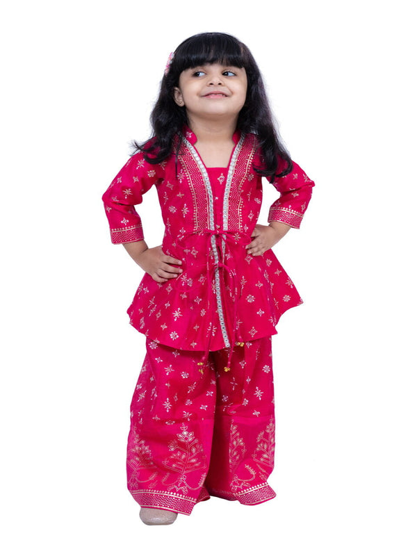 Twisha Girls Chanderi Three Quarter Sleeves All Over Printed Top With Palazzo-Magenta