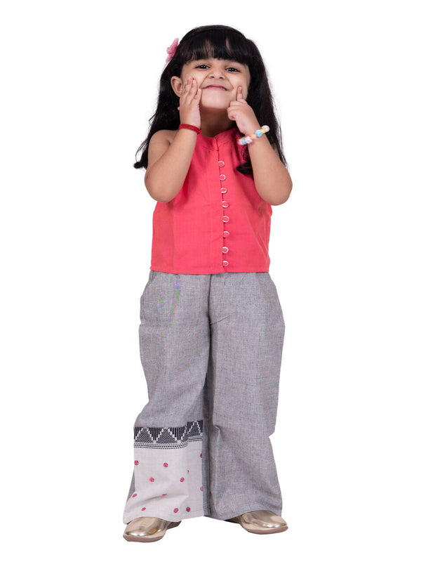 Twisha Girls Chanderi Sleeveless Solid Top With Placement Embroidered Palazzo-Coral & Grey