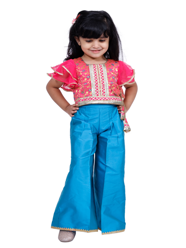 Twisha Girls Brocade Woven Half Sleeves Embellished  Top with Palazzo-Pink & Blue