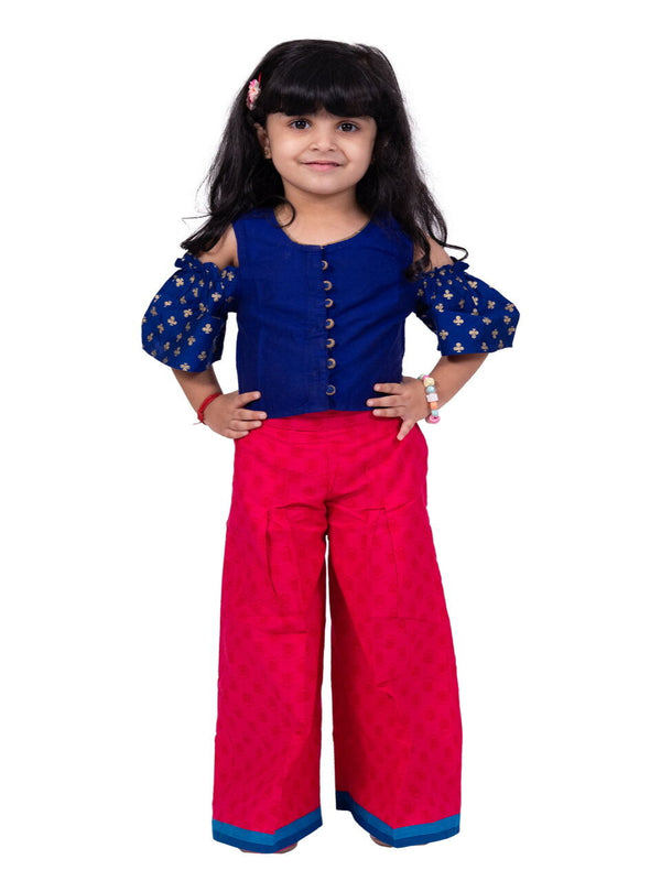 Twisha Girls  Half Sleeves Foil/Glitter Print Top With Printed Palazzo-Blue &Pink