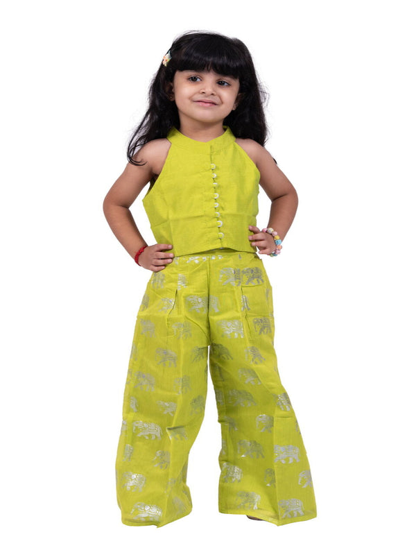 Twisha Girls Sleeveless Chanderi Solid Top With Elephant Print Palazzo -LimeGreen