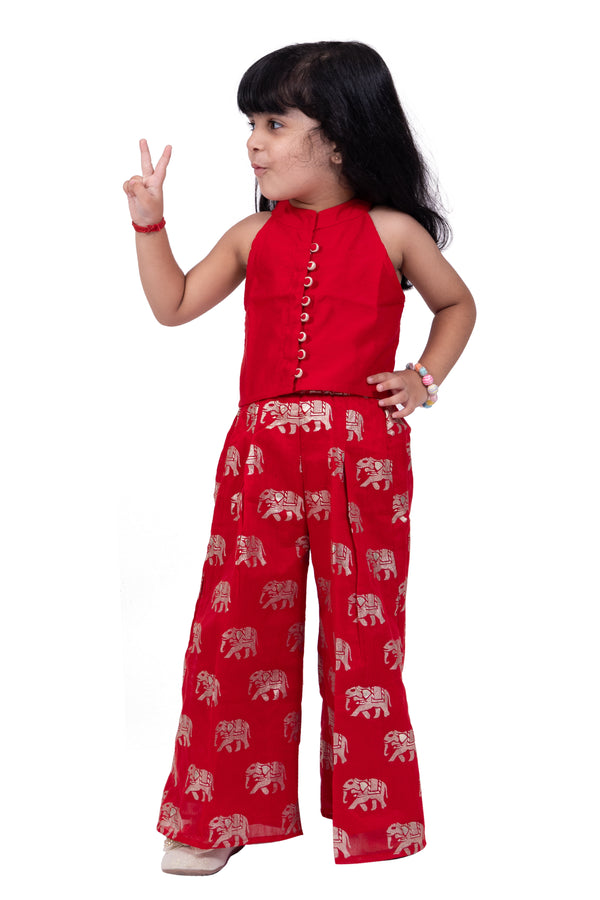Twisha Girls Sleeveless Chanderi Solid Top With Elephant Print Palazzo- Red