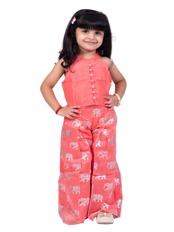 Twisha Girls Sleeveless Chanderi Solid Top With Elephant Print Palazzo -Coral