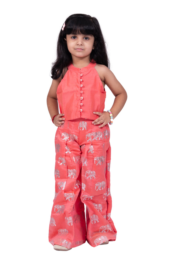 Twisha Girls Sleeveless Chanderi Solid Top With Elephant Print Palazzo -Coral