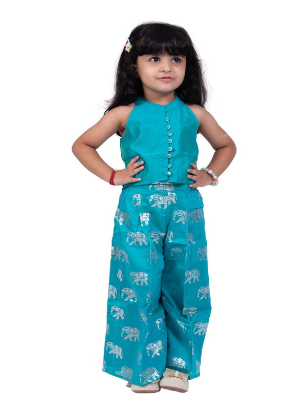 Twisha Girls Sleeveless Chanderi Solid Top With Elephant Print Palazzo -Blue
