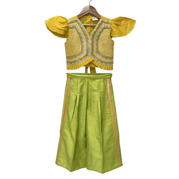 Twisha Woven Half Sleeves Embellished Top With Palazzo-Yellow & Limegreen