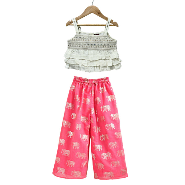 Twisha Woven Sleeveless Embellished Top With Chanderi Printed Palazzo-White & Coral