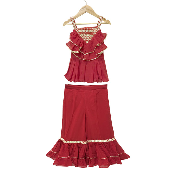 Twisha Woven Georgette Sleeveless Embellished Top With Palazzo-Maroon