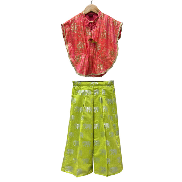 Twisha Woven  Embellished Top With Palazzo-Coral & Limegreen