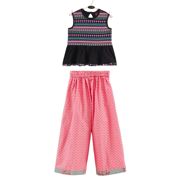 Twisha Woven Cotton Sleeveless Printed Top With Printed Palazzo-Black & Coral