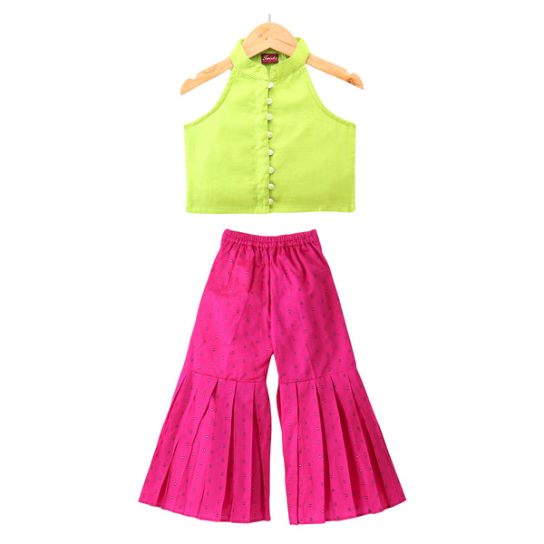 Twisha Woven Chanderi Sleeveless Solid Top With Printed Palazzo-Limegreen & Pink