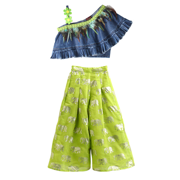 Twisha Woven Denim Sleeveless Solid Top With Printed Palazzo-Blue & Limegreen