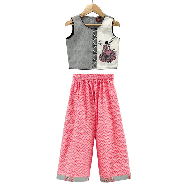 Twisha Woven Cotton Sleeveless Placement Embroidered Top With Palazzo-Grey & Coral