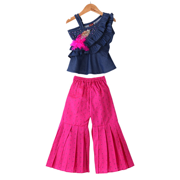 Twisha Woven Denim Sleeveless Embellished Top With Printed Palazzo-Blue & Pink