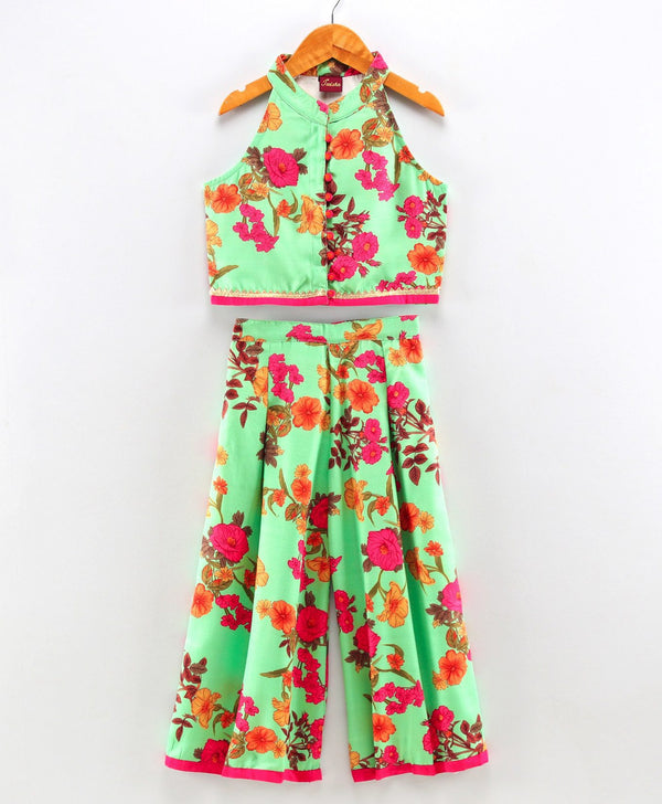 Twisha Girls Floral Printed Top With Palazzo - Green